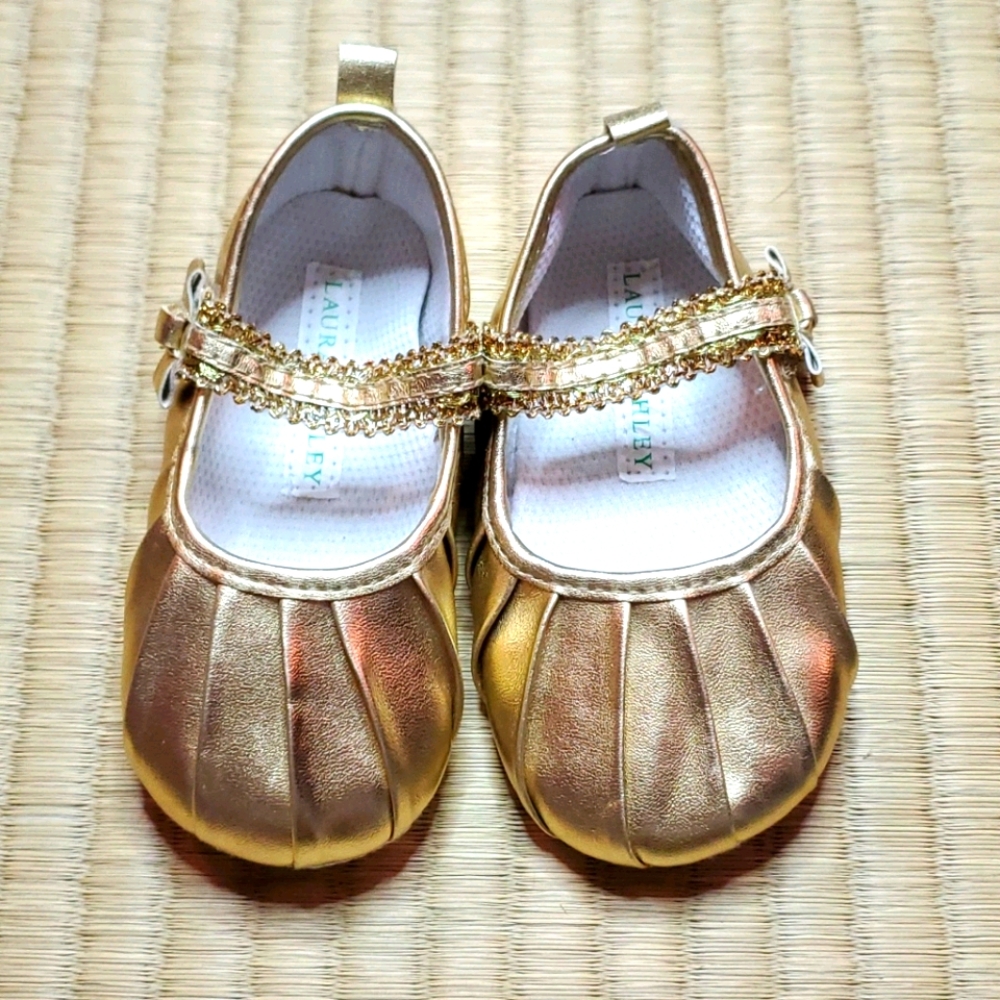Laura Ashley Gold Ballet Infant Flats w/ Bow Strap